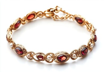 Obraz premium Beautiful gold bracelet with a red gem and white stones on an isolated background, close-up view. Retro style. Vintage jewelry for women. Generative AI