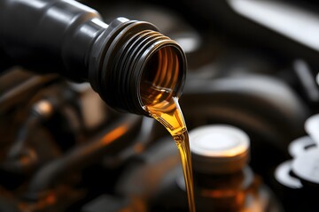 Pouring oil motor car lubricant from black bottle on engine background. Generative AI.