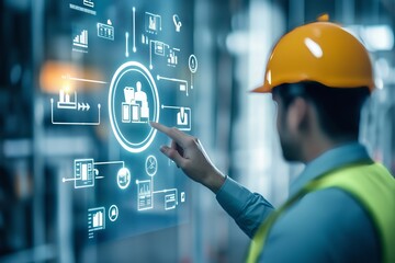 Work safety concept. Businessman touching the icon of safety at workplace sourrounded by safety first, protections, health, regulations and insurance. Working standard process. Zero accidents. 