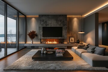 Modern living room with a cozy fireplace, sofa, black coffee table, and TV against a grey wall, featuring a warm ambiance and minimalistic style.
