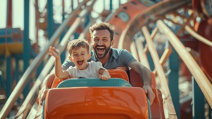 father and son ride on a roller coaster, amusement park, carousel, slide, man, child, boy, kid, family, father's day, joy, emotion, people, portrait, laughter, scream, smile, together, parent, happy  