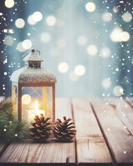 Winter cozy background with festive decor Christmas details snow on a wooden table and bokeh