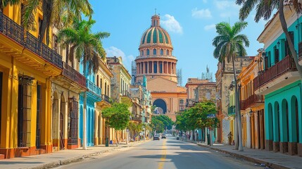 Obraz premium Vibrant streets of a historic city under a sunny sky with a magnificent dome in the background