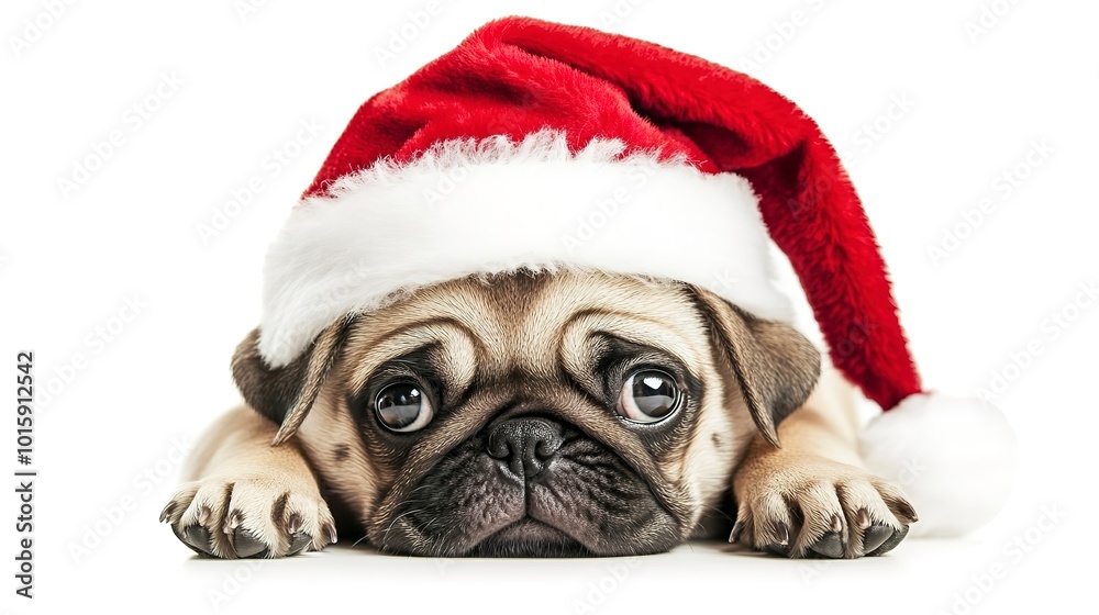 Poster Cute sad pug dog puppy in Santa Claus hat lying on ground isolated on white background  