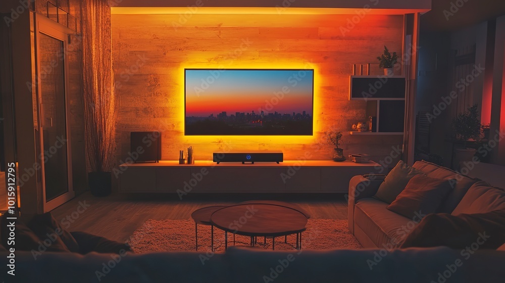 Canvas Prints Cozy living room with modern TV mounted on wall, comfortable couch, and warm lighting, creating a relaxing atmosphere for family gatherings and entertainment 