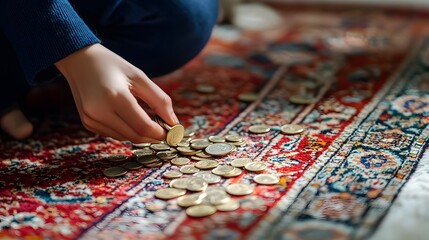 Naklejka premium A person placing coins under a new rug for prosperity and good fortune