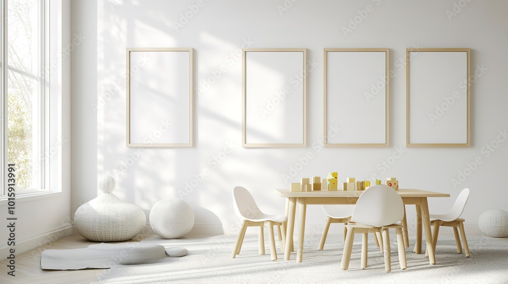 Poster Bright and airy playroom interior with modern child's table and chairs, toys, and blank picture frames for your family photos or artwork.  