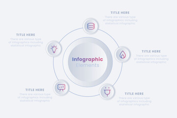 Modern vector neumorphic infographic design template. Ring-like chart with 5 steps of the manufacturing cycle.