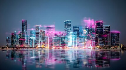 Futuristic Cityscape with Neon Lights and Reflections