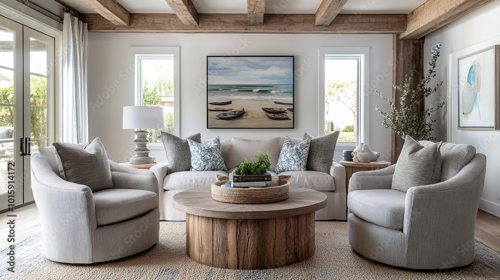 Sticker beautiful small space casual living family room soft neutral wood beams and a gorgeous grouping of swivel color fabric chairs around a striking coffee table coastal design nature freshness home 