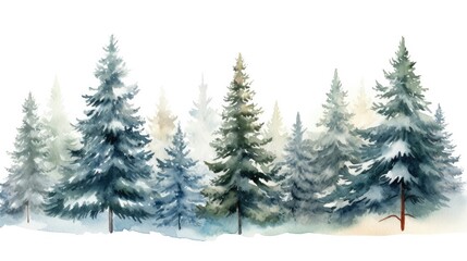 Obraz premium Winter watercolor illustration with fir trees on white background