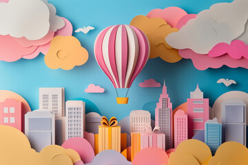 Papercut city illustration with modern architecture skyscraper tower and colorful hot air balloons flying.