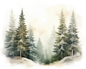 Fototapeta premium Winter watercolor illustration with fir trees on white background