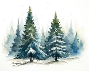 Obraz premium Winter watercolor illustration with fir trees on white background