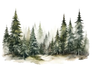 Winter watercolor illustration with fir trees on white background