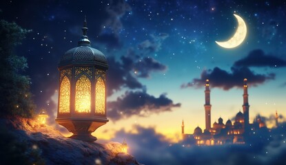 Enchanting Night Sky with Crescent Moon and Illuminated Lantern Over Majestic Mosque Silhouette in Islamic Art Style