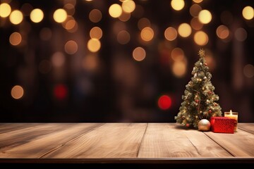 Wood table and blurry Christmas background with copy space