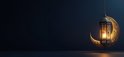 Elegant Islamic Background with Ornate Lantern and Crescent Moon on Dark Blue Gradient