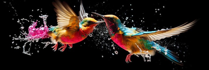 Dynamic dispersion of birds creating a splatter effect on a striking black background.