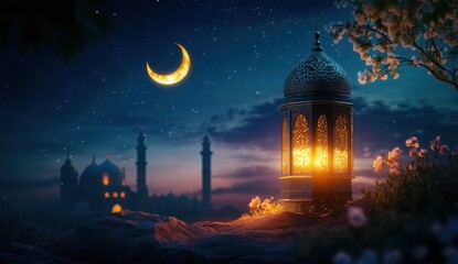 Naklejka premium Elegant Islamic Background with Lantern and Crescent Moon Under a Starry Night Sky
