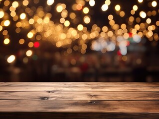 Wood table and blurry Christmas background with copy space