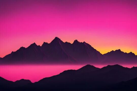 Silhouette of a towering mountain range with a neon pink and yellow sunrise, AI-Generated