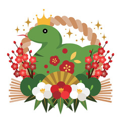 三連椿、巳年年賀状アイコン、しめ飾り、緑蛇、かわいい、イラスト