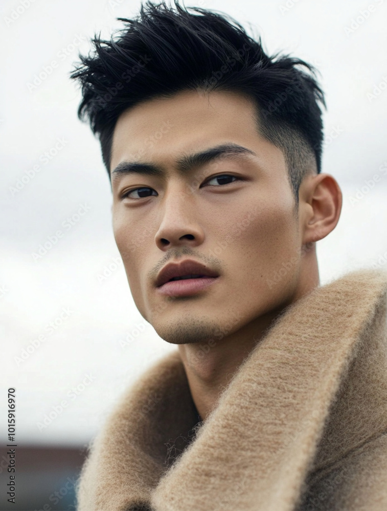 Wall mural A young, 25-year-old Asian man with short dark hair and a serious expression, against a plain dark background