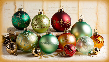 antique style Christmas ornaments with intricate, hand-painted designs, adorned with ornate bells, and showcasing frosted glass textures that evoke a sense of nostalgia and vintage charm