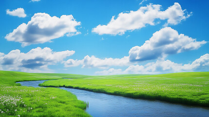 Naklejka premium The peaceful river meanders through the green grassland, and the beautiful scene is set against 