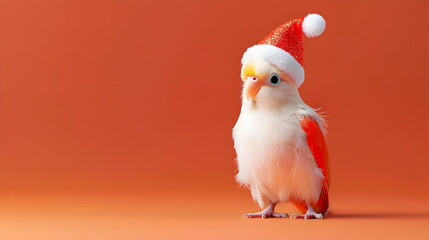 Parrot in Santa Hat: A festive and adorable white parrot wearing a Santa hat,  against a bokeh blue and white Christmas background.  A perfect addition to your holiday greetings! 