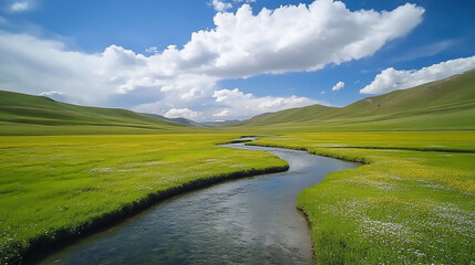 Obraz premium Tranquil river winding through an open meadow under a bright blue sky dotted