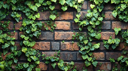 Lush green ivy growing on a textured brick wall.