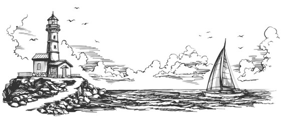 lighthouse and sea landscape hand drawn vector illustration realistic sketch