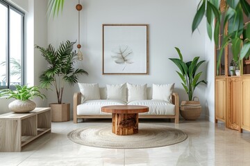 Minimal living room with laminated floor  white walls  and cozy furnishings.