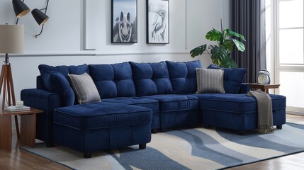 Stylish navy blue sofa with comfortable cushions, built-in storage, and casters for easy movement in a cozy living room setting.