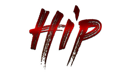 3D blood red word design of Hip on white background.	