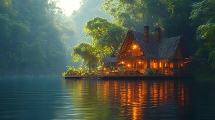 Fototapeta premium A wooden cabin with a thatched roof sits on a tranquil lake surrounded by lush greenery, illuminated by the warm glow of lights.