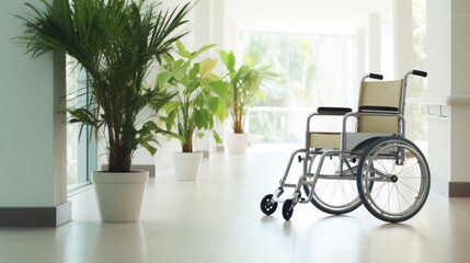 A hospital wheelchair sits in a bright, plant-filled hallway, blending care with nature in a serene, healing environment.