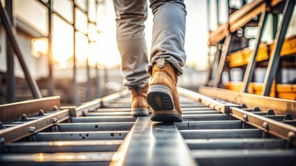Close-up of a construction worker's feet walking on steel beams at a construction site, emphasizing safety boots and the industrial environment.






