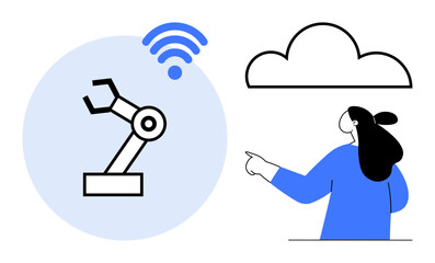 Simple graphic style shows woman pointing at cloud icon with robotic arm and wireless symbol. Ideal for technology, cloud computing, automation, machine learning, and wireless connectivity themes
