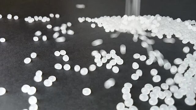 video of virgin polymer granules, isolated on black background falling from above like rain