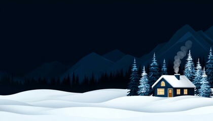 Cozy winter cabin surrounded by snow-covered trees and mountains at night.