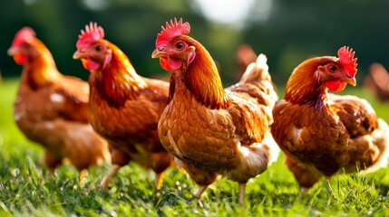 Four free-range chickens walking on green grass, vibrant natural setting.
