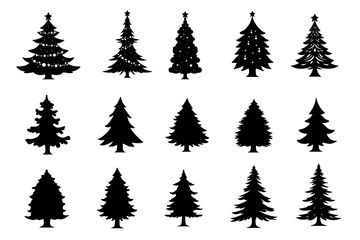 Obraz premium Set of Christmas tree icons, silhouettes in black color. Vintage vector icons isolated on white background. Silhouettes of Christmas trees with a stars at the top.