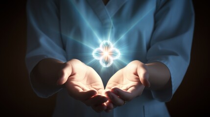 A doctor cradles a glowing cross symbol in cupped hands, symbolizing healing, hope, and care within the realm of medicine and spirituality.