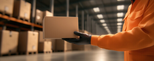 A warehouse worker in an orange uniform holding a cardboard box with a blurred background of shelves filled with products, illustrating logistics and supply chain operations.