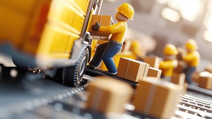 Fototapeta premium Miniature workers loading boxes into a truck in a vibrant warehouse setting, showcasing teamwork and logistics in action.