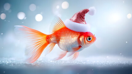 Fototapeta premium Festive Goldfish: A charming goldfish wearing a Santa hat, nestled in sparkling snow against a bokeh backdrop. Perfect for Christmas cards, websites, and social media.