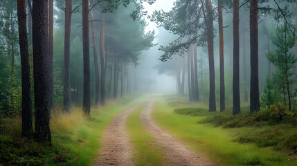 Fototapeta premium Misty Forest Path Enchanting Dirt Road Through Tall Pines